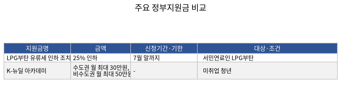 주요 정부지원금 비교