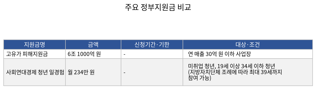 주요 정부지원금 비교