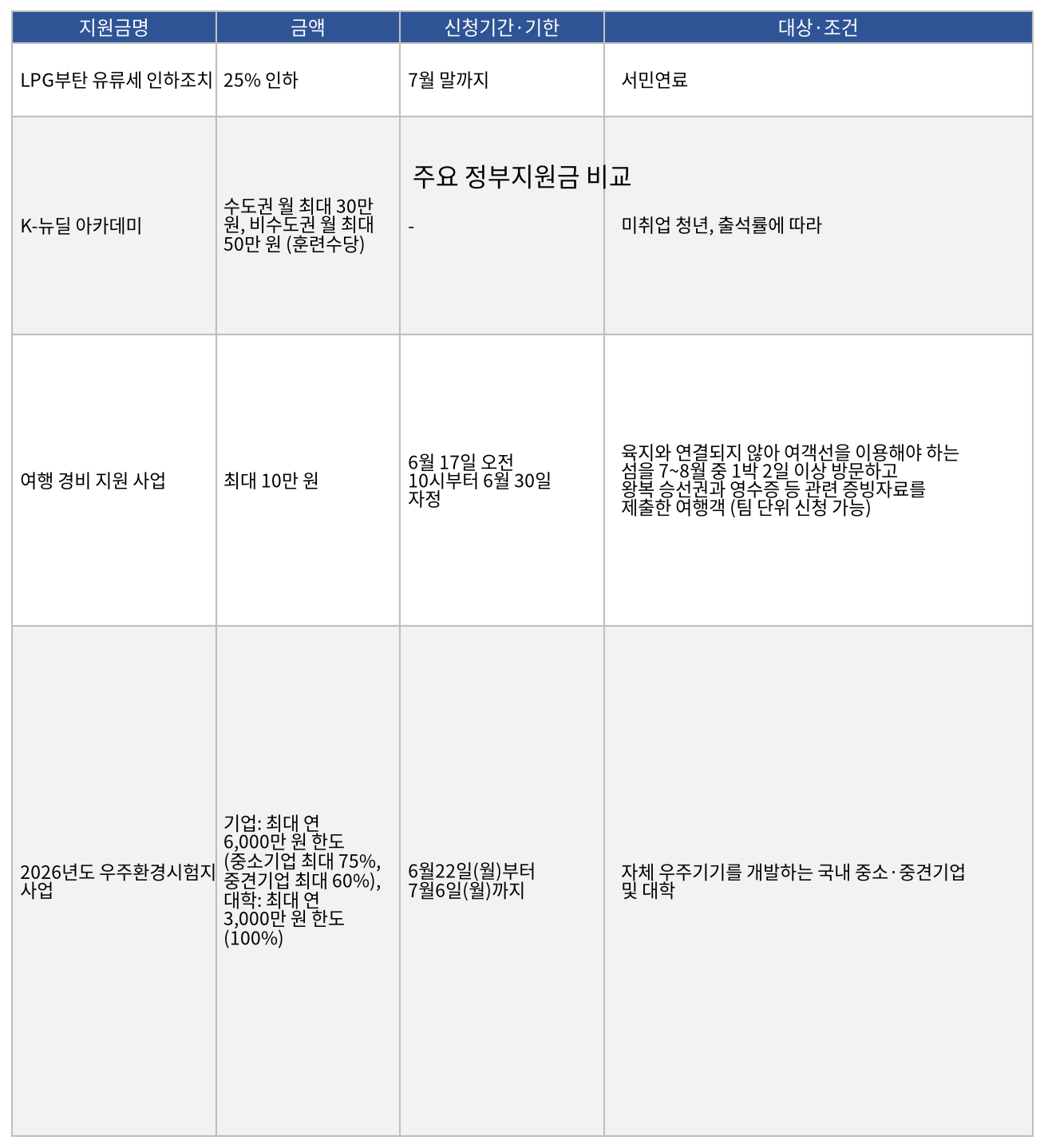 주요 정부지원금 비교