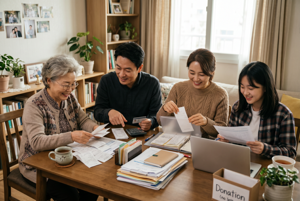 2026년 연말정산 환급 - 공제 서류와 영수증을 정리하는 가족