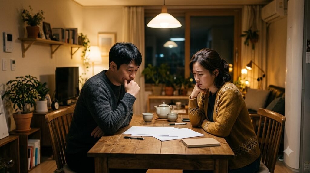 부부가 밤에 서류를 앞에 두고 고민하는 모습