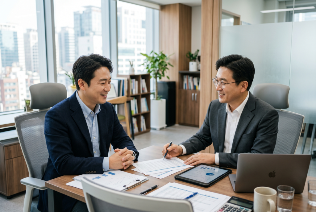 사무실에서 서류를 놓고 상담하는 모습