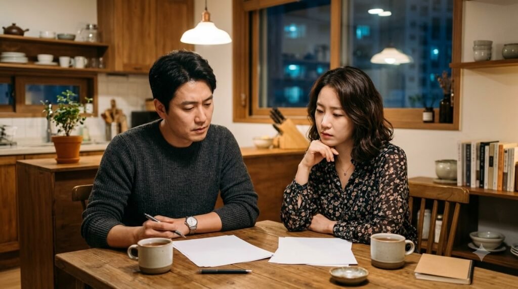 부부가 밤에 백지 서류를 앞에 두고 심각하게 대화하는 모습
