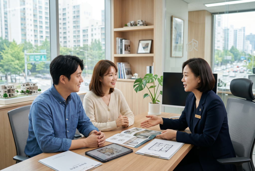 부동산 중개사무소에서 임대차 계약 내용을 상담하는 모습