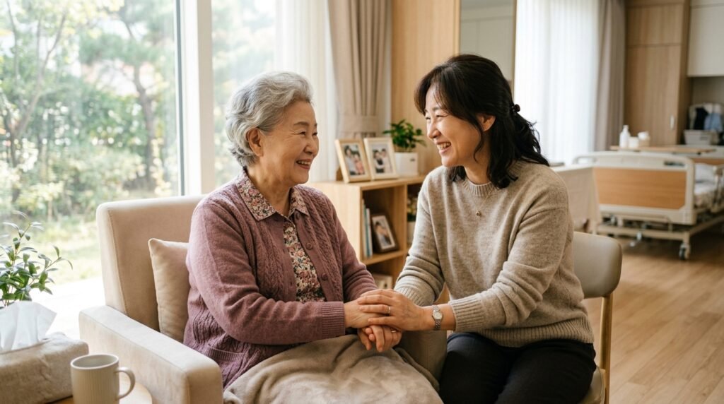 딸이 어머니의 손을 잡고 이야기하는 모습