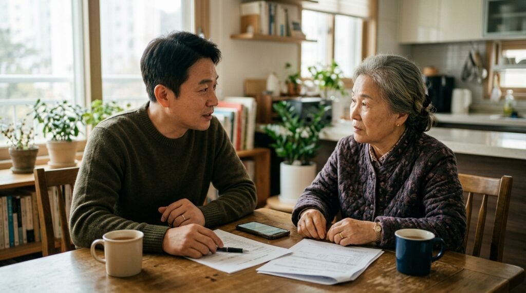아들과 어머니가 서류를 놓고 상의하는 모습