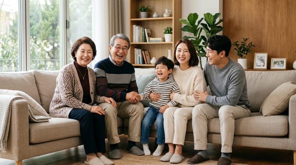 3대가 함께 거실에 앉아 있는 가족