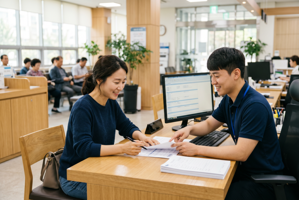 고용센터 창구에서 실업급여 상담을 받는 모습